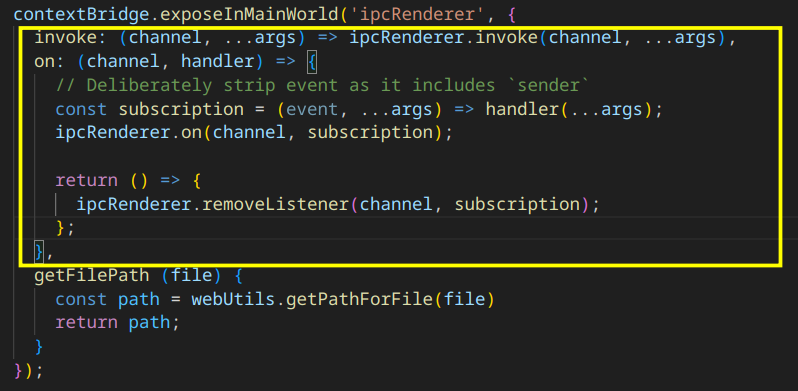 Bruno&rsquo;s preload.js exposing ipcRenderer through contextBridge