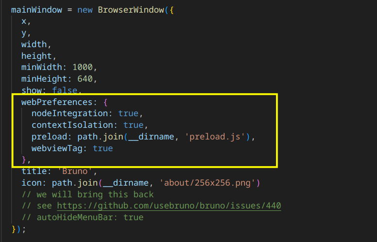 webPreferences in Bruno&rsquo;s index.js